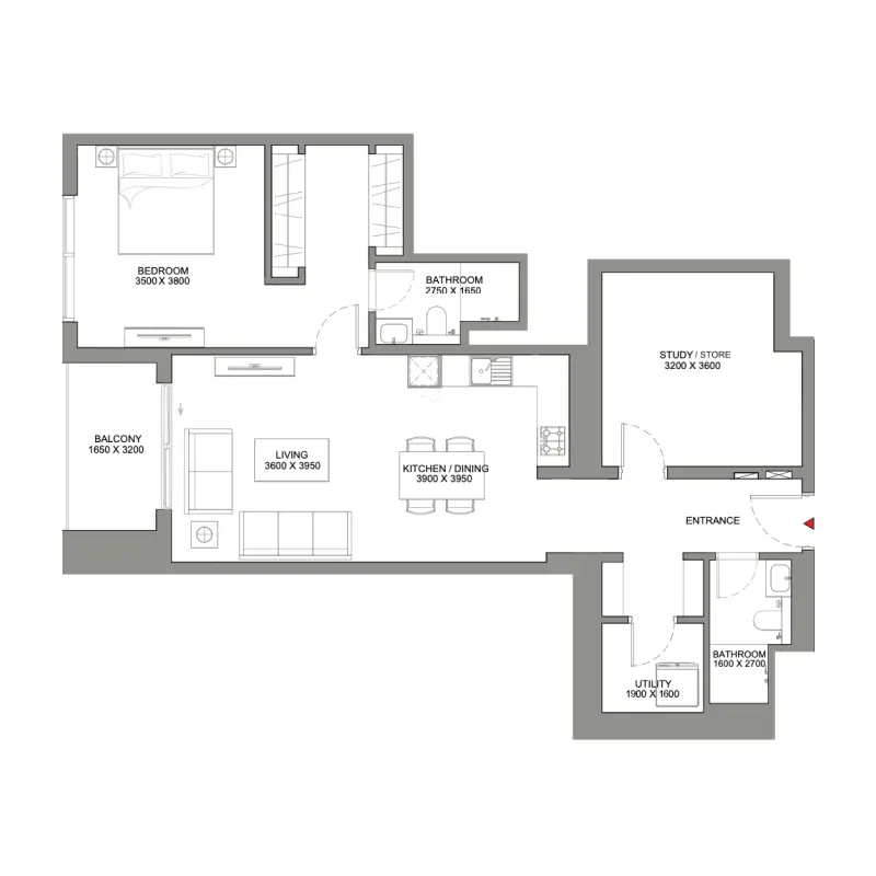 1,5 bedroom floor plan