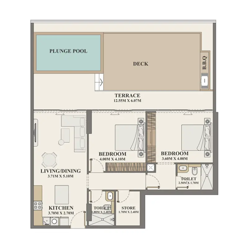 2 bedroom + pool floor plan