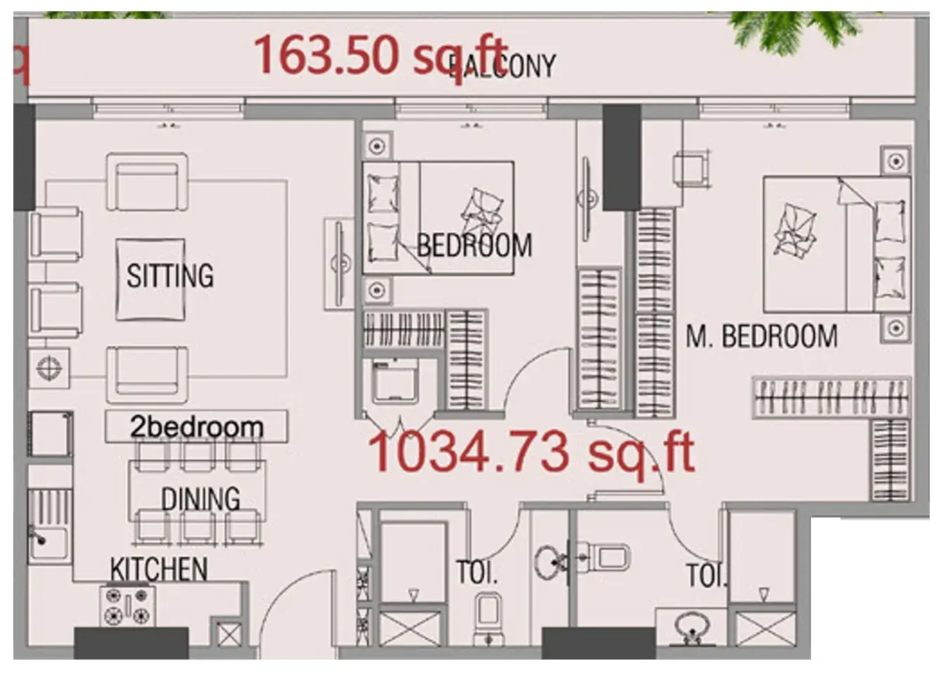2 Bedrooms apartments - Forest City floor plan