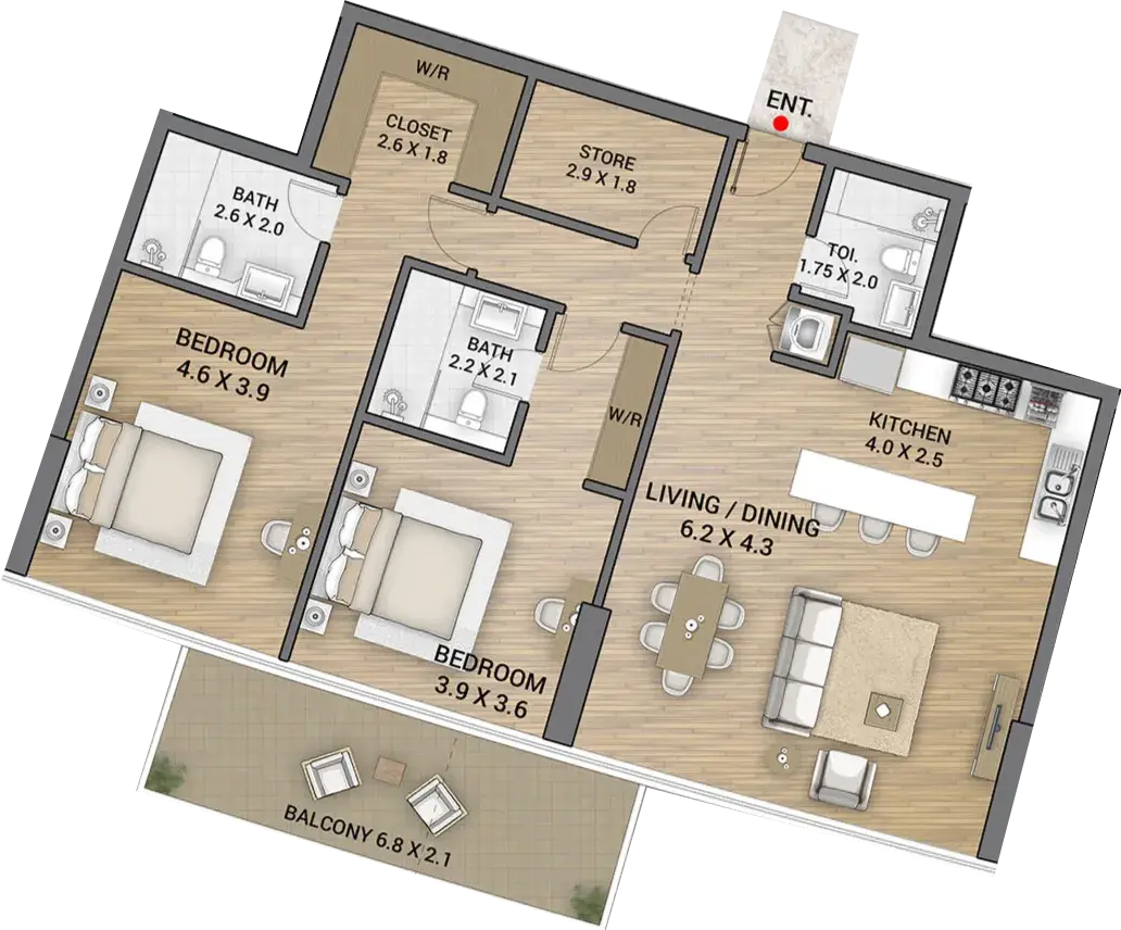 2 Bedrooms apartments - Ocean Tower floor plan