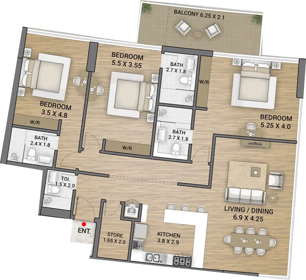 3 Bedrooms apartments - Ocean Tower floor plan