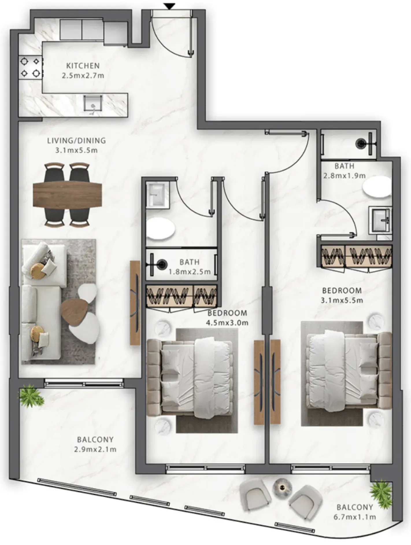 2 Bedrooms apartments - Trafford Residences floor plan