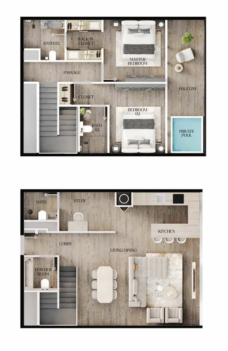 2 Bedrooms duplex - Agua Residences floor plan
