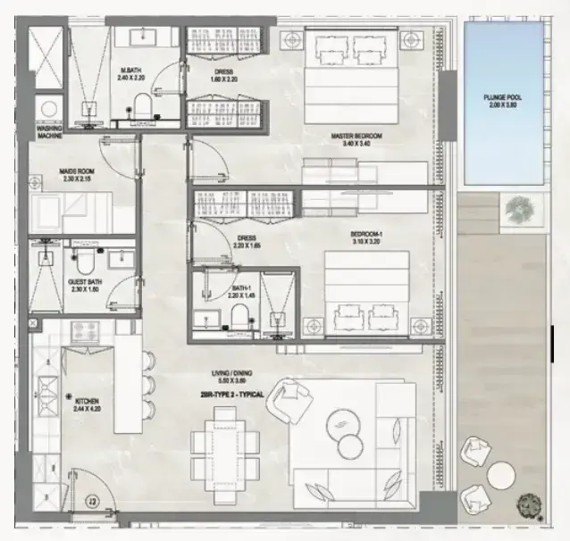 2 Bedrooms apartments - Gharbi 1 Residences floor plan