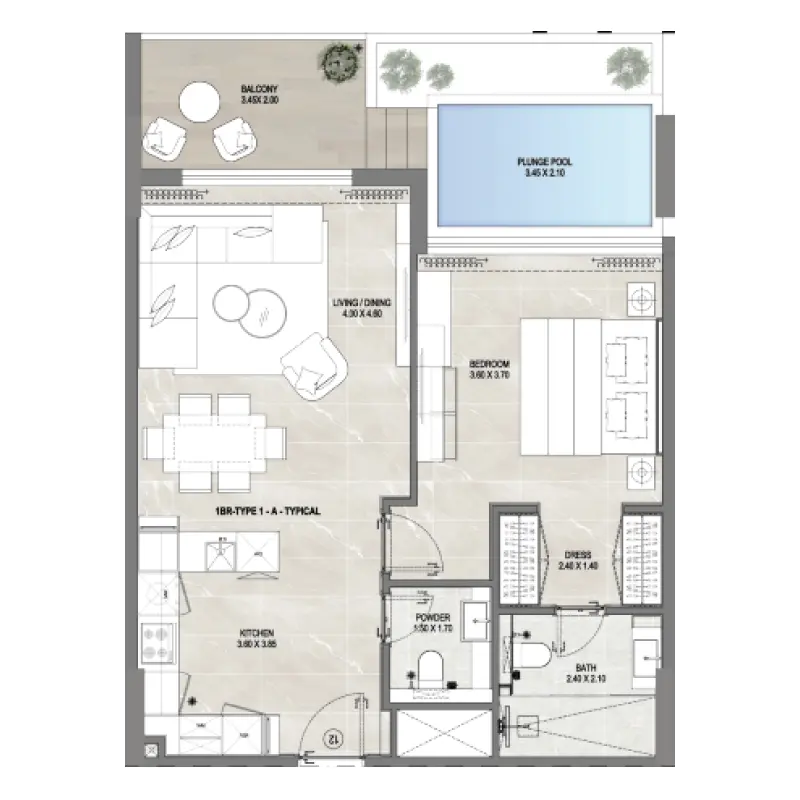1 bedroom + pool floor plan