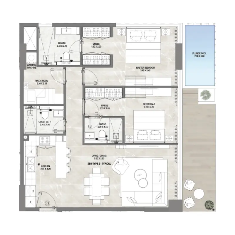 2 bedroom + pool floor plan