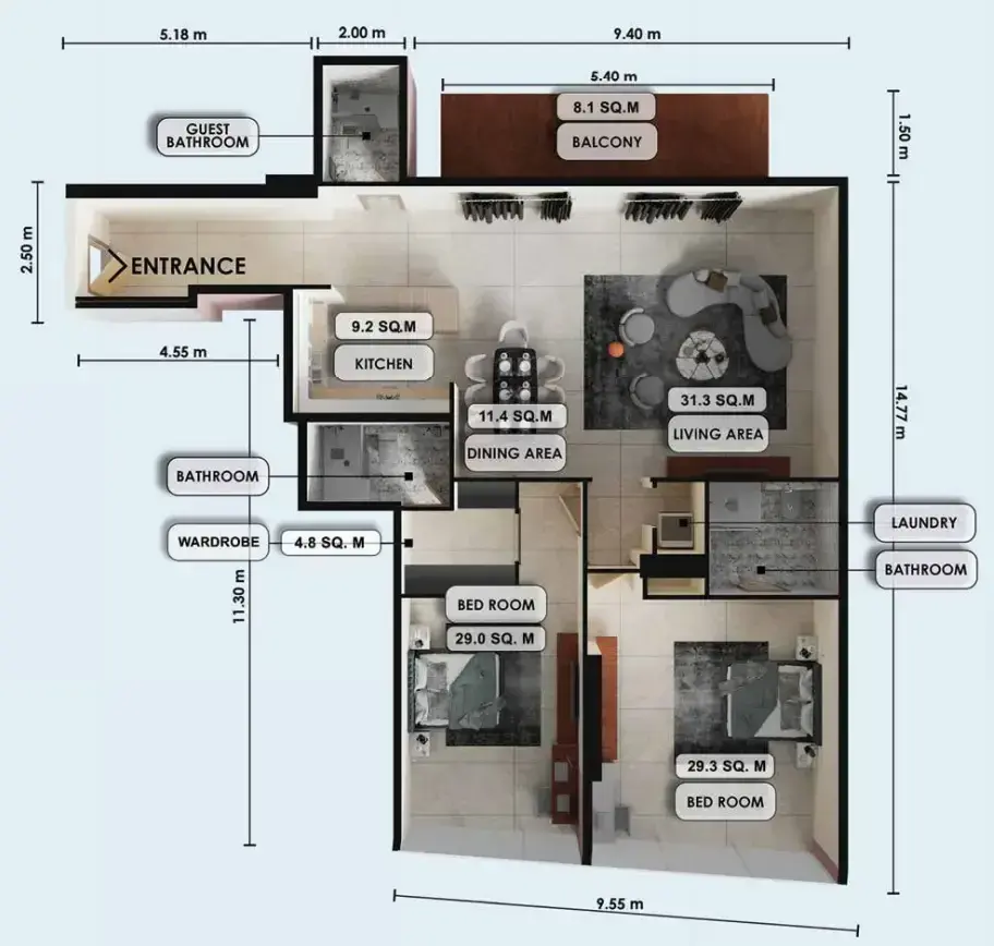 2 Bedrooms apartments - Zenith J1 floor plan
