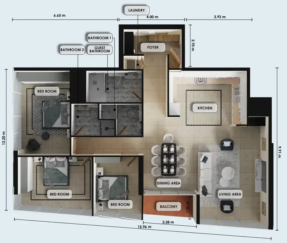 3 Bedrooms apartments - Zenith J1 floor plan