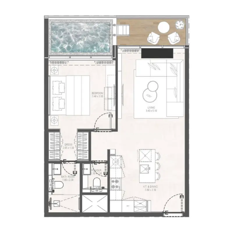 1 bedroom + pool floor plan