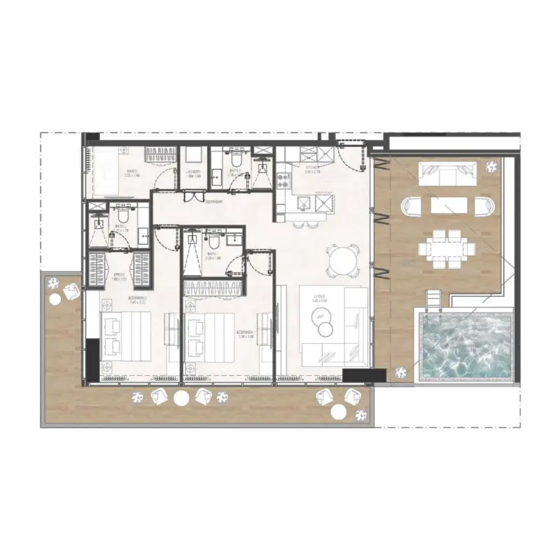 2 bedroom + pool floor plan