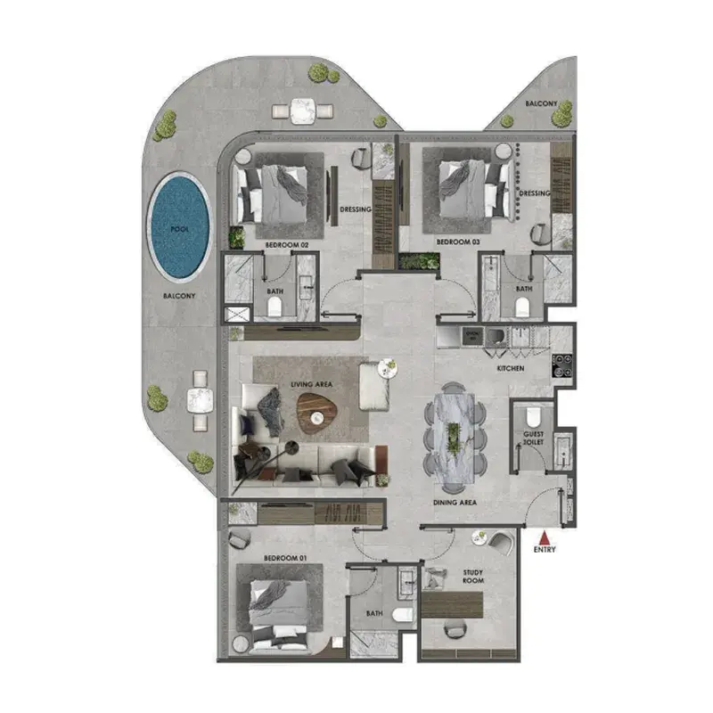 3 Bedrooms apartments - Arya Residences floor plan