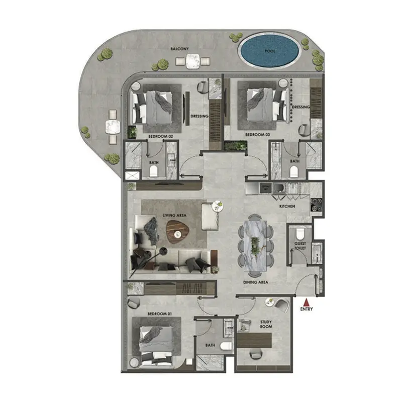 3 bedroom Apartments -  Arya Residences floor plan