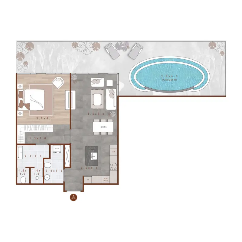1 bedroom + pool floor plan