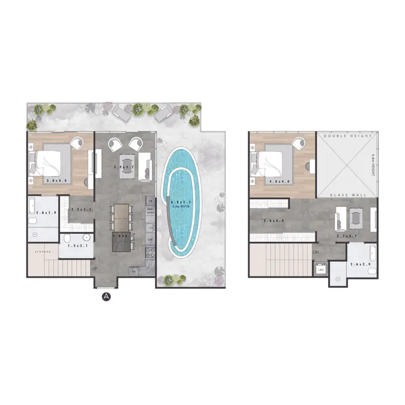 2 bedroom + pool floor plan