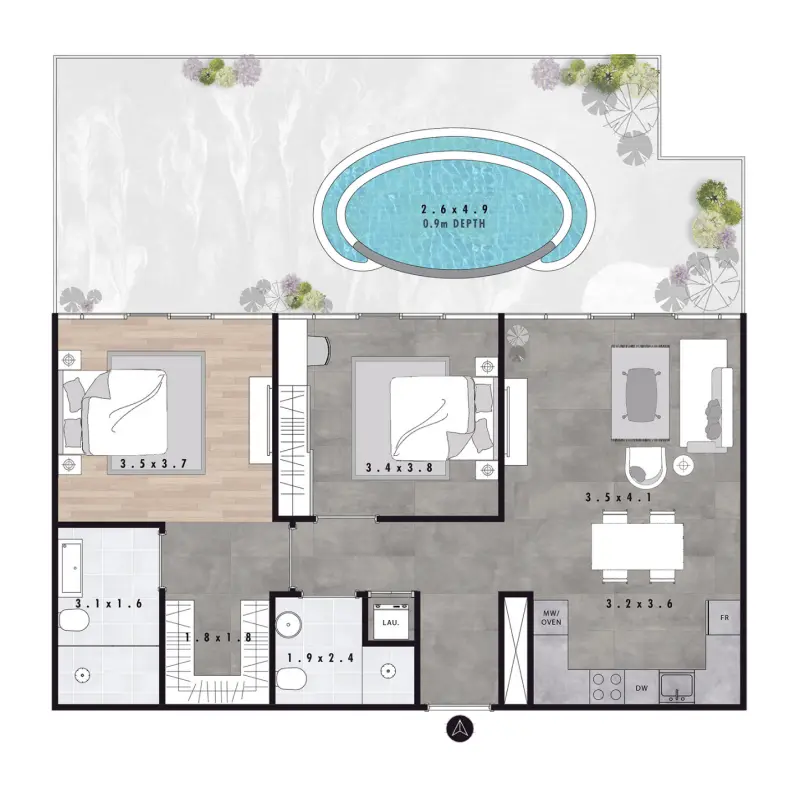 2 bedroom + pool floor plan