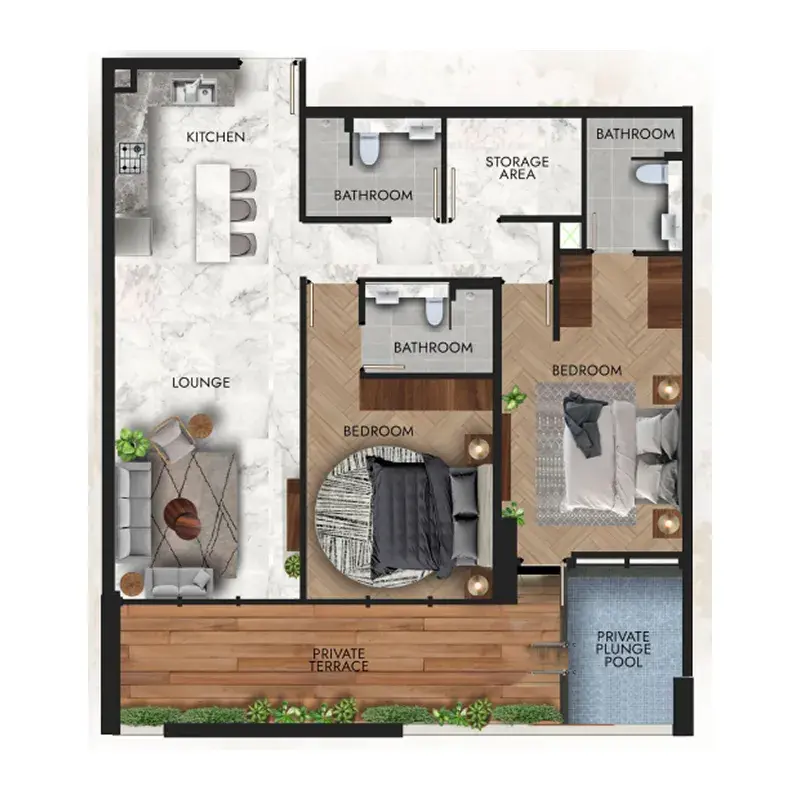 2 Bedrooms apartments - Lucky Royale Residence floor plan
