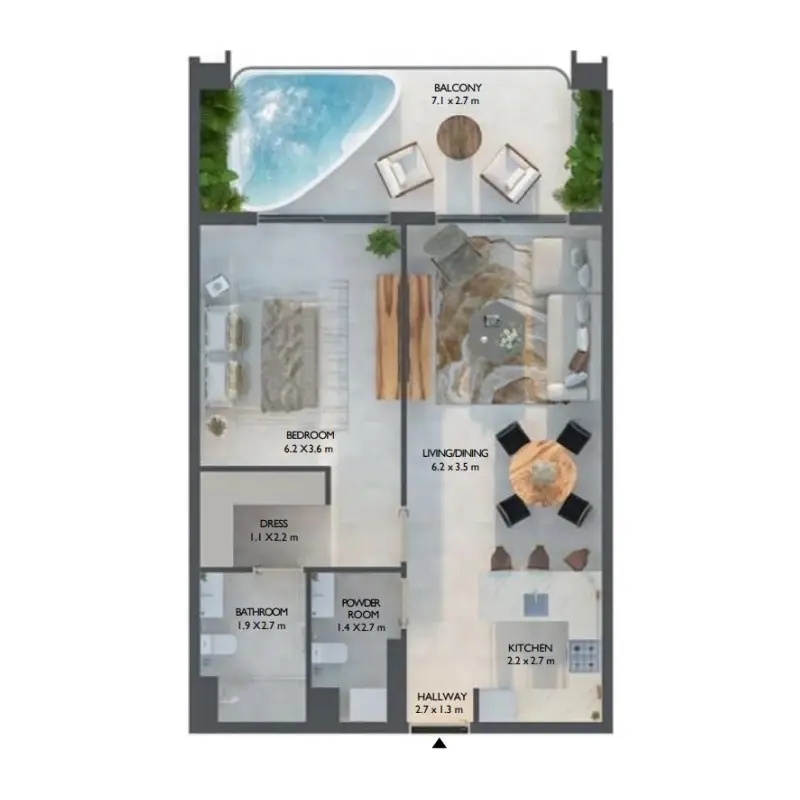 1 bedroom + pool floor plan