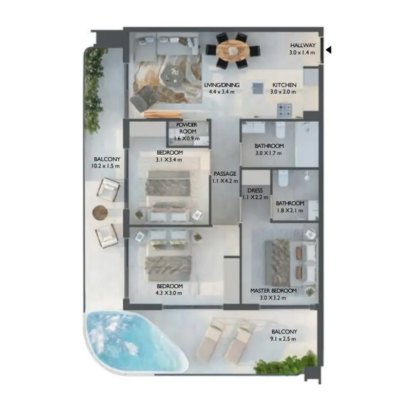 3 bedroom + pool floor plan