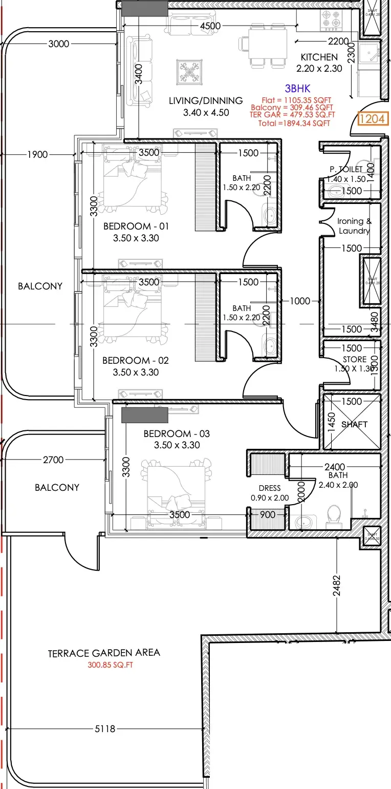 3 Bedrooms apartments - Terra Tower floor plan