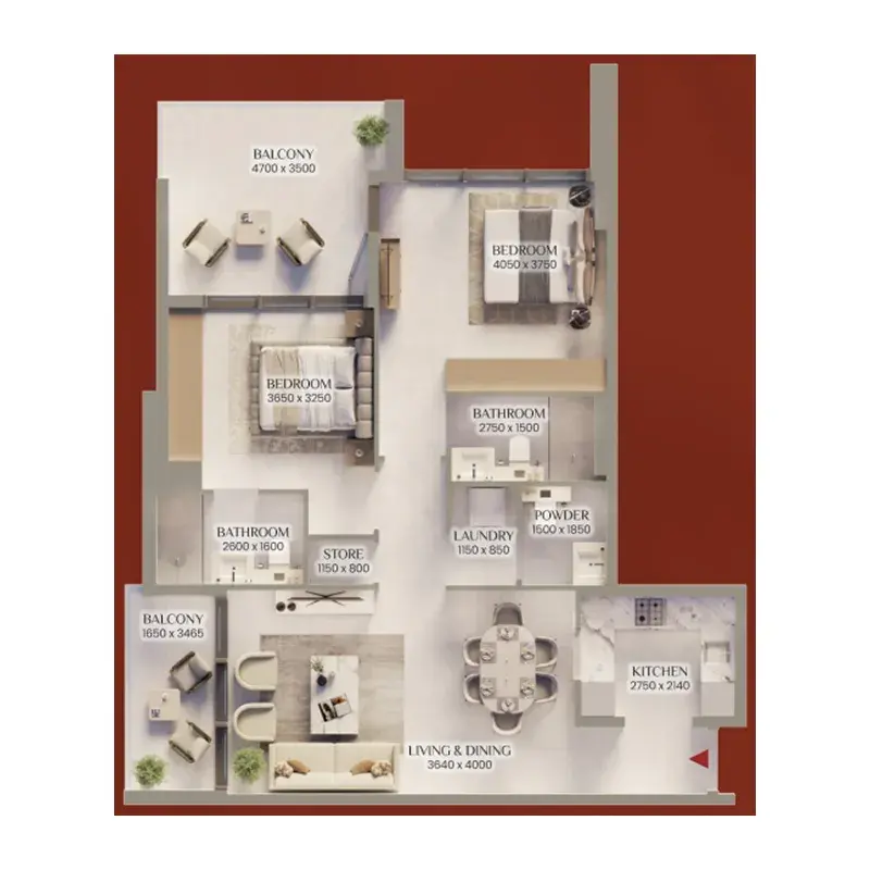 2 Bedrooms apartments - Bliss Tower floor plan