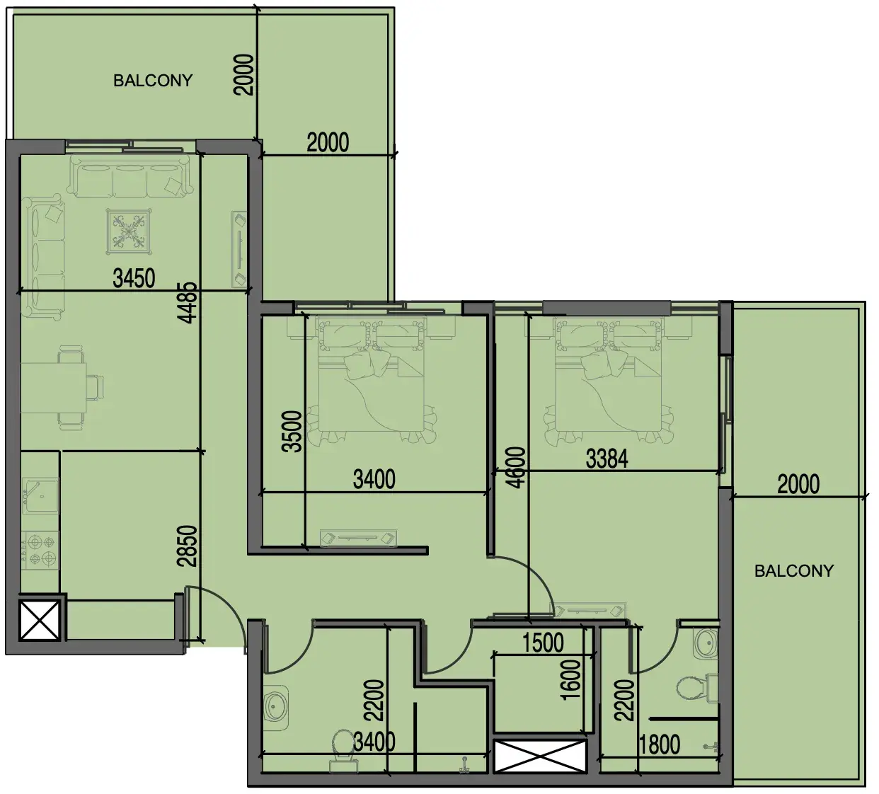 2 Bedrooms apartments - Al Haseen Residences 3 floor plan