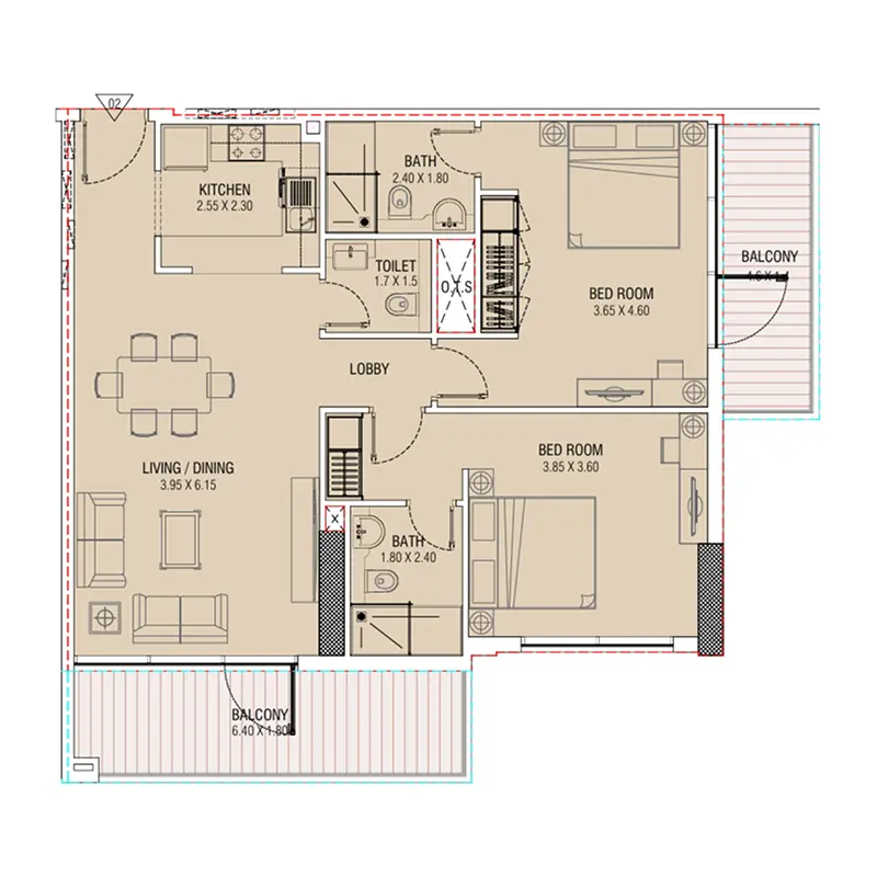 2 bedroom Apartments -  Al Waleed W.S 1 floor plan