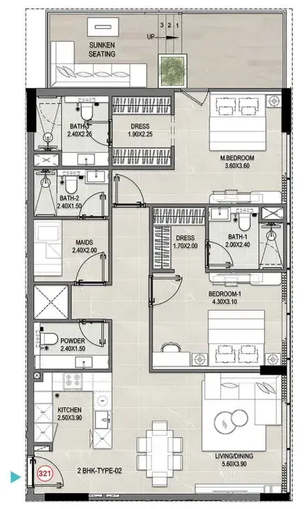 2 Bedrooms apartments - Reef 1000 floor plan