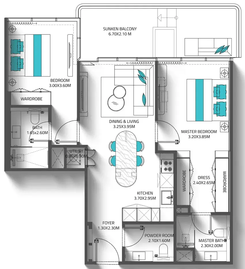 2 Bedrooms apartments - Reef 998 floor plan