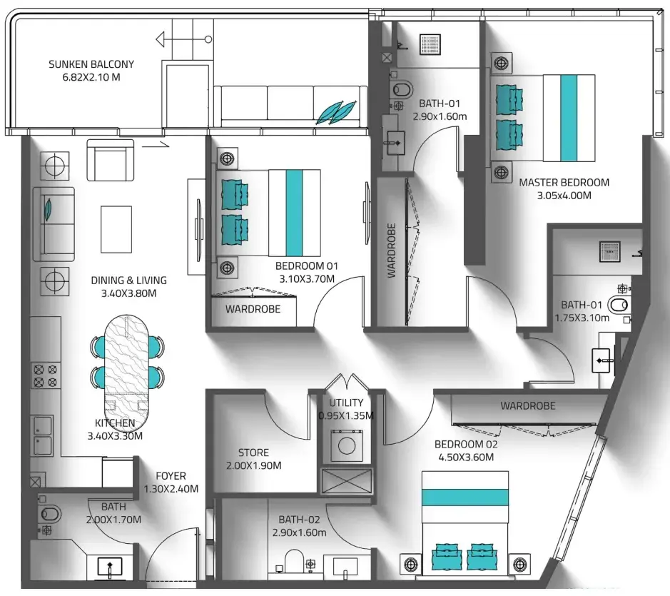 3 Bedrooms apartments - Reef 998 floor plan