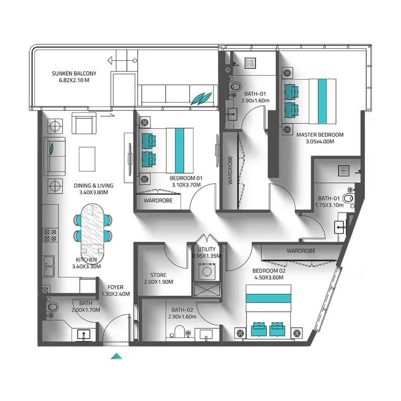 3 bedroom Apartments -  Reef 998 floor plan
