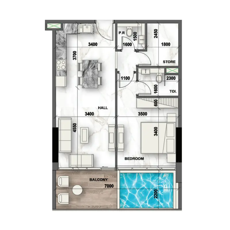 1 bedroom + pool floor plan