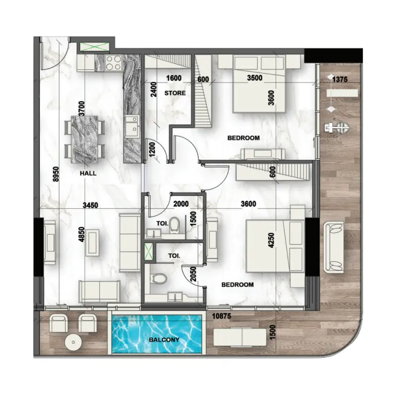 2 bedroom + pool floor plan