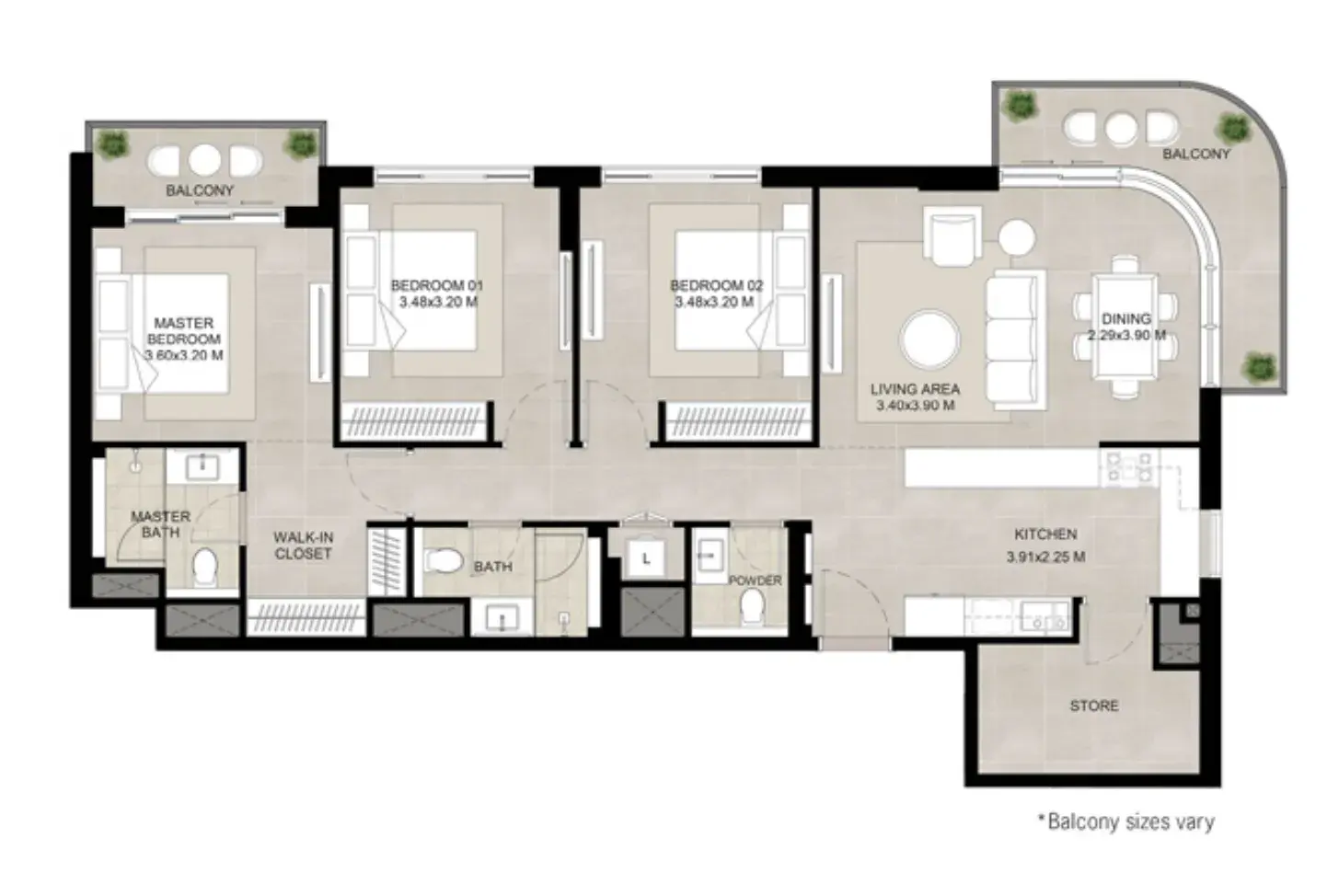 3 Bedrooms apartments - The Baltimore floor plan