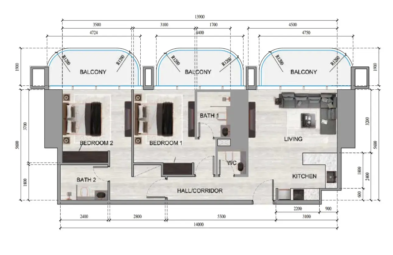 2 Bedrooms apartments - Ananda Residences floor plan