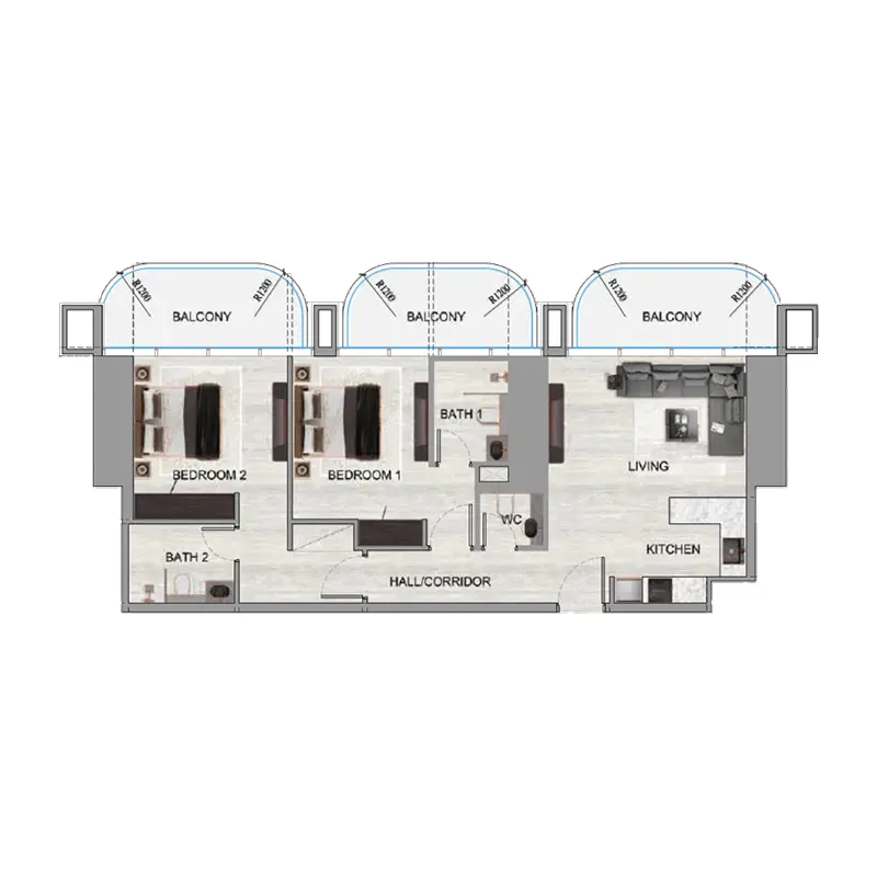 2 bedroom Apartments -  Ananda Residences floor plan