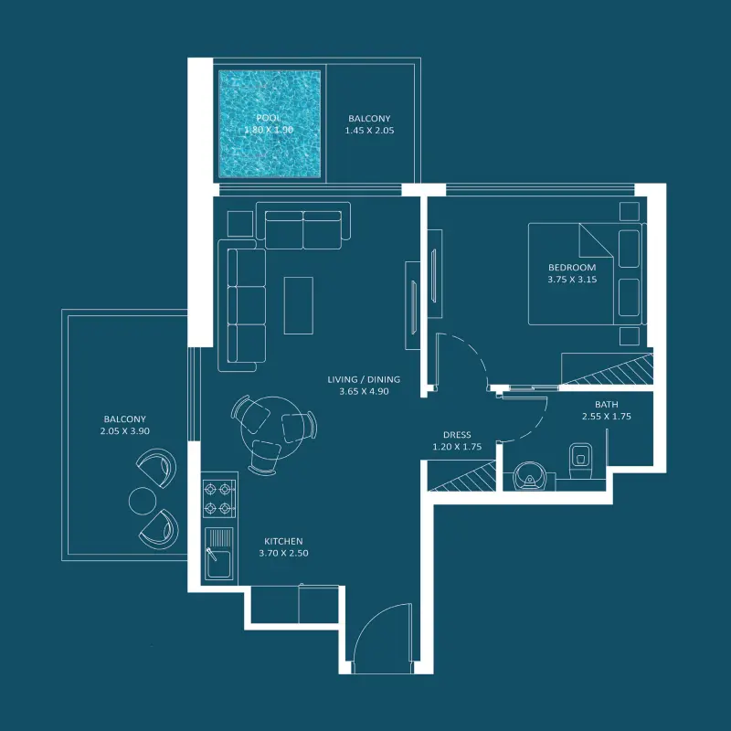1 bedroom + pool floor plan