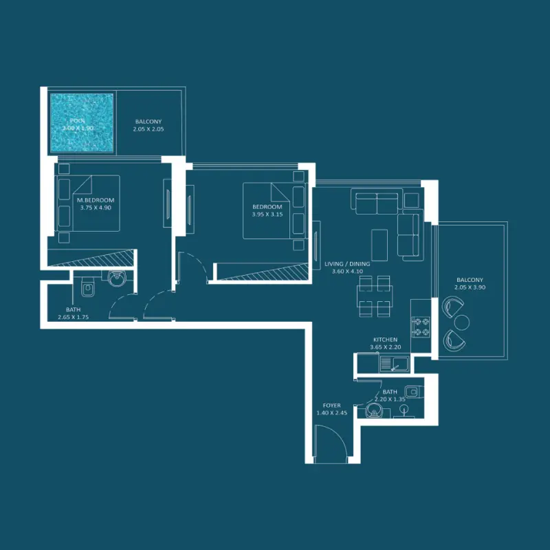 2 bedroom + pool floor plan
