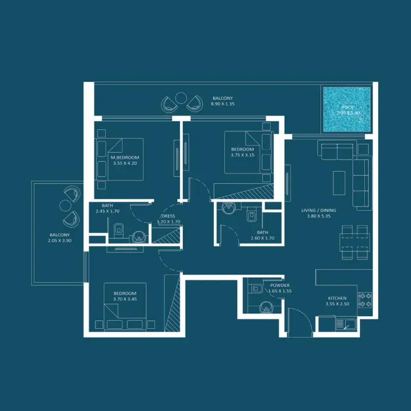 3 bedroom + pool floor plan