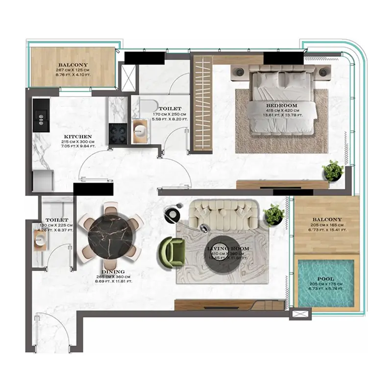 1 bedroom + pool Apartments -  Lazord by Lapis Phases 1 and 2 floor plan