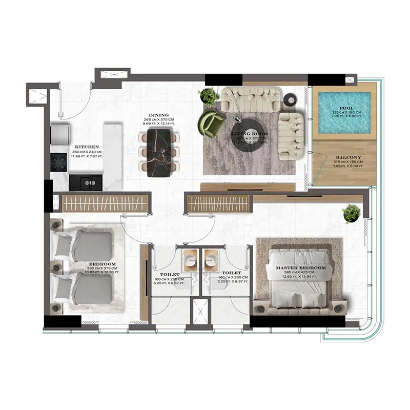 2 bedroom + pool Apartments -  Lazord by Lapis Phases 1 and 2 floor plan