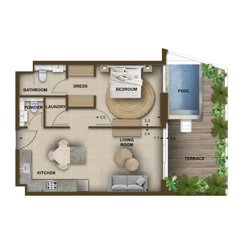 1 bedroom + pool floor plan