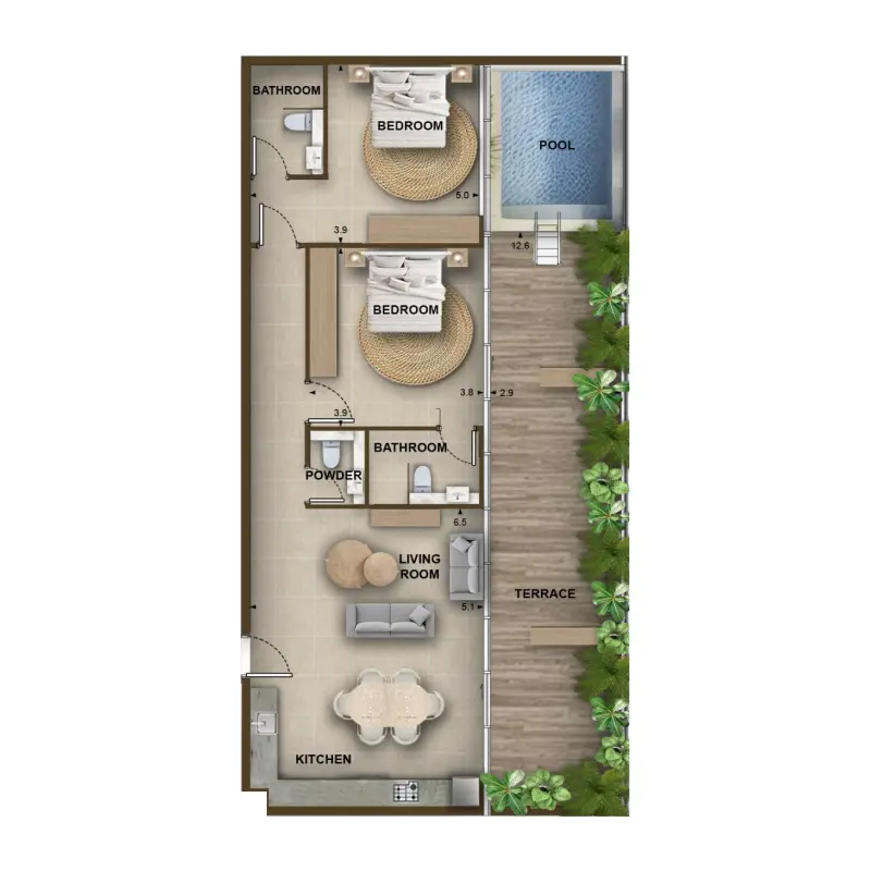 2 bedroom + pool floor plan
