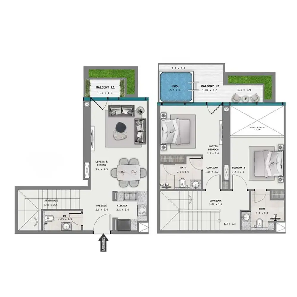 2 Bedrooms duplex - Samana Barari Lagoons floor plan