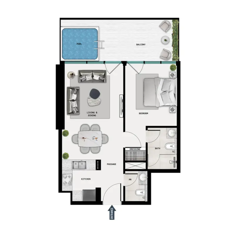 1 bedroom + pool floor plan