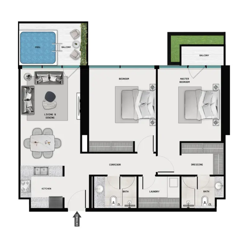 2 bedroom + pool floor plan