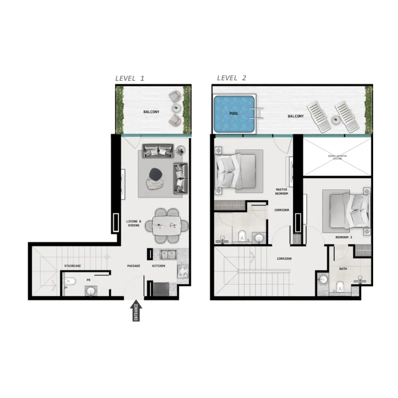 2 bedroom + pool floor plan