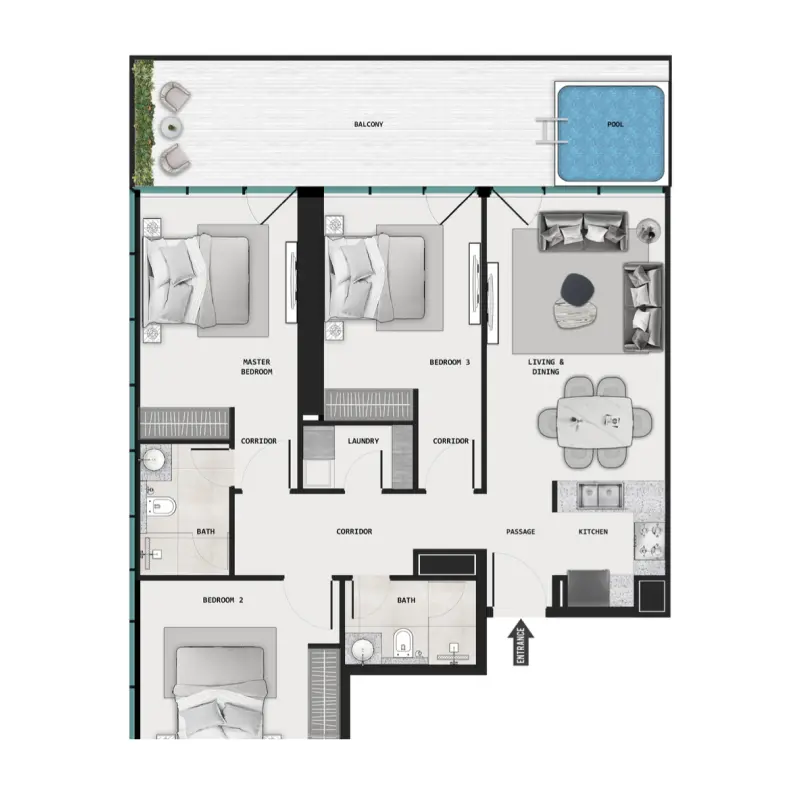 3 bedroom + pool floor plan