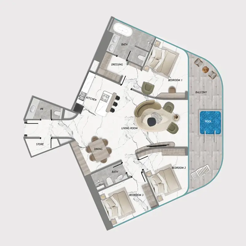 3 bedroom + pool Apartments -  Samana Barari Heights floor plan