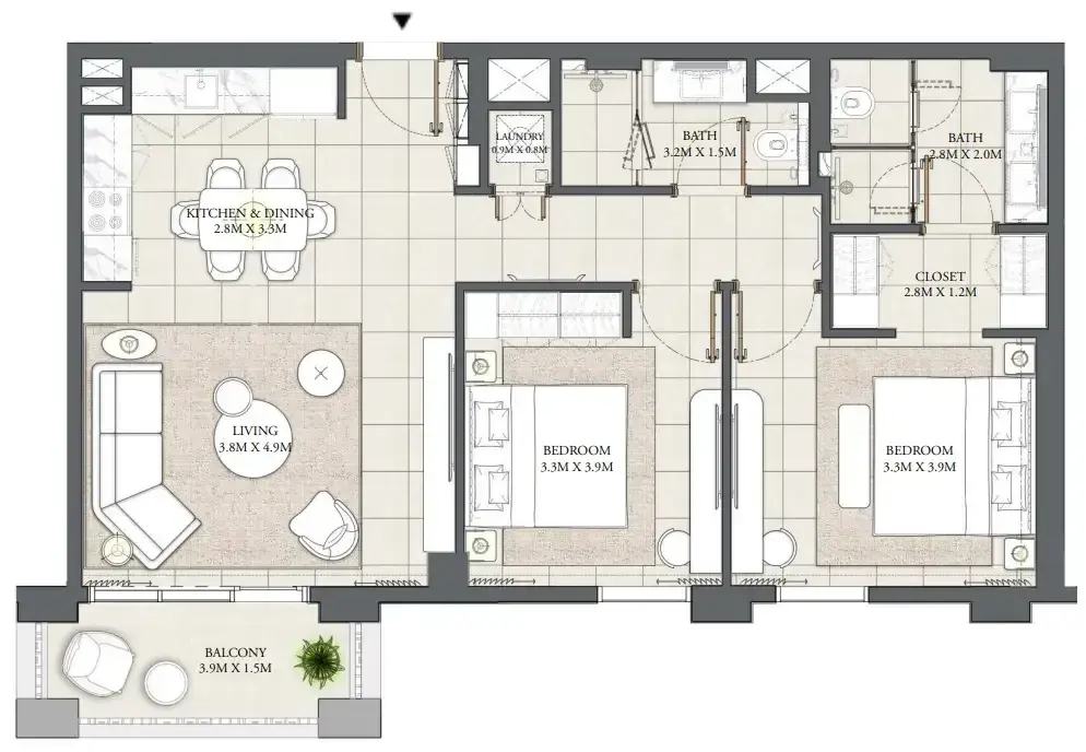 2 Bedrooms apartments - Palace Residences Creek Blue floor plan