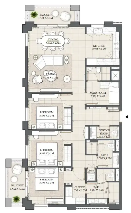 3 Bedrooms apartments - Palace Residences Creek Blue floor plan